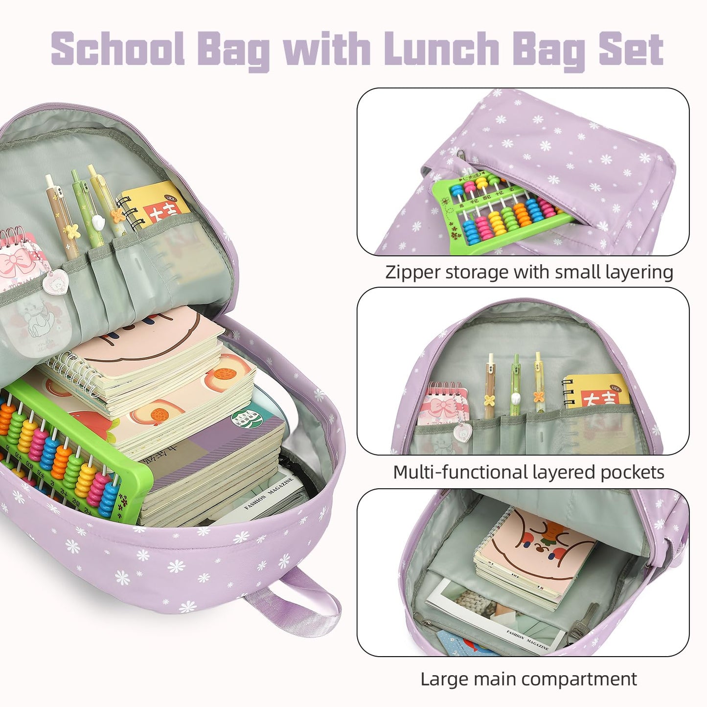 Flowers School Backpack for Girls, 3PCS Bookbags Set with Lunch Box Pencil Pouch Elementary Middle School Bag Laptop Back Packs (Daisy Purple)