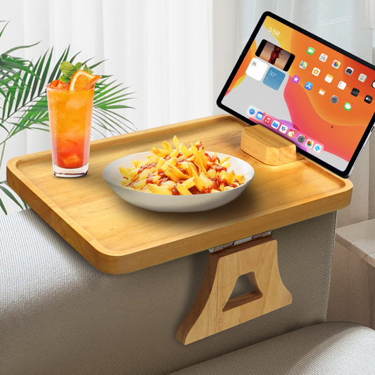TISEMENT Couch Tray for Wide Sofa, 11.8’’ × 8.7’’ Clip On Sofa Arm Tray with 360° Rotating Bracket,Foldable Couch Arm Table for widening Space, Rubber Wood Couch Cup Holder for Drinks/Snacks/Fruits