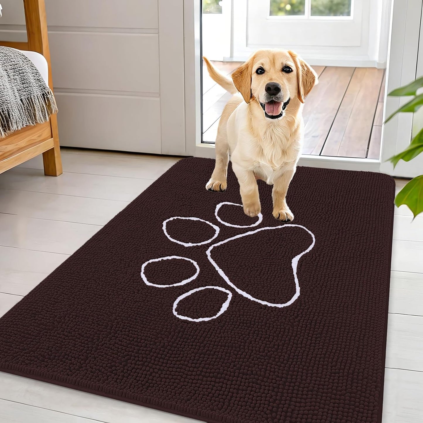 OLANLY Dog Door Mat - Absorbent Non-Slip Muddy Paws Mat | 44x32 Paw Print Design, Quick Dry Chenille, Brown