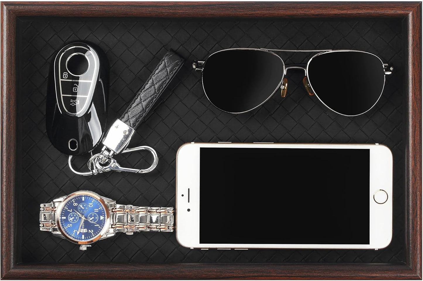 Zosenley Wooden Valet Tray - Stylish Leather Base Nightstand Organizer for Keys, Wallet, Phone & Jewelry (Black)