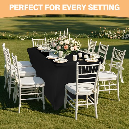 2 Pack 5 Feet Black Spandex Tablecloth for Rectangular Tables, Fitted & Stretch, Washable, Wrinkle Resistant, Perfect for Event, Wedding, Party, Banquet, Cocktail, Festival, and Table Protector