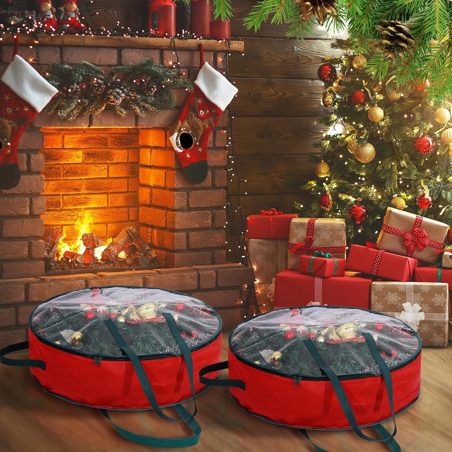 Shappy Wreath Storage Bag - 8 Pcs Red Clear Window Containers with Handles for Holiday Decor
