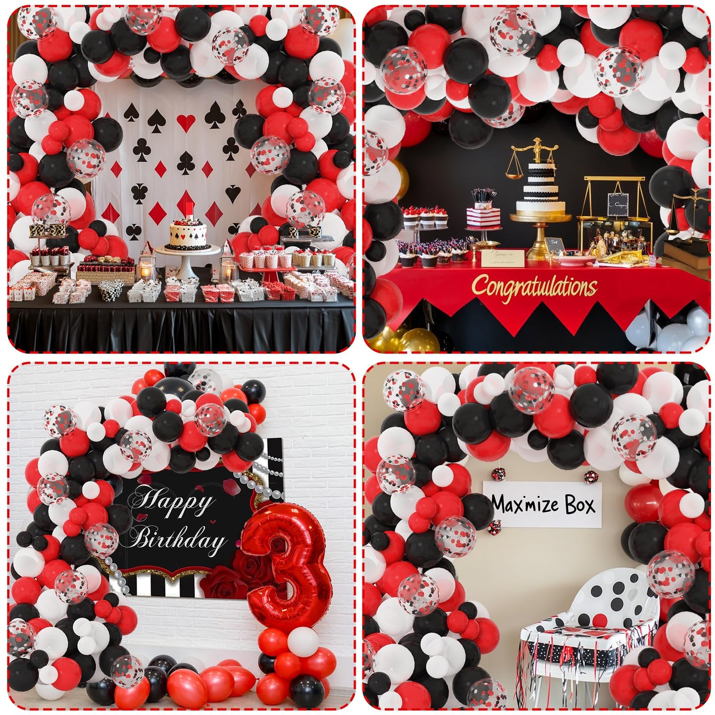 RUBFAC 129pcs Red Black White Balloons Confetti Garland Arch Kit for Graduation BBQ Casino Theme Party Decorations Poker Card Racing Car Birthday Supplies