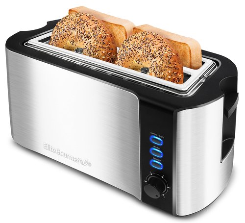 Elite Gourmet ECT-3100 4-Slice Long Slot Toaster | Extra Wide Slots for Bagels, Sourdough & Texas Toast | 6 Browning Settings | Reheat, Defrost & Cancel | Built-In Warming Rack | Stainless Steel