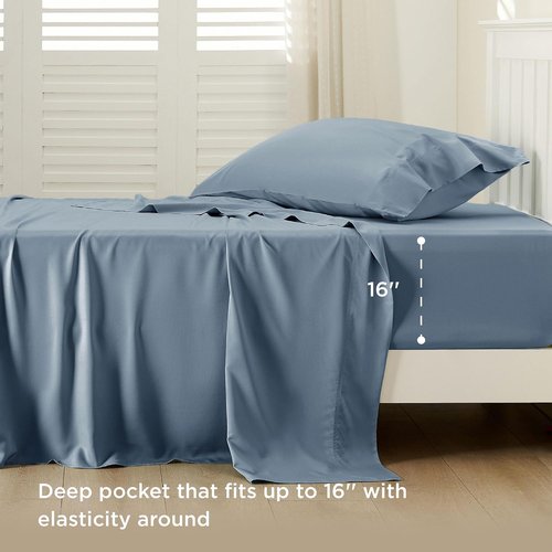 Bedsure Cooling Sheets - Twin XL Bamboo Rayon | Breathable & Soft Deep Pocket Bedding in Dusty Blue