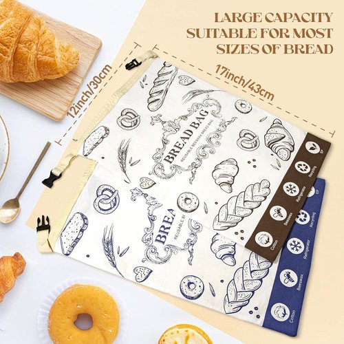 Beeswax Bread Bags by Skiennix - 2 Pack Reusable Food Storage Bags for Fresh Homemade Bread | 17"x12" Natural Cotton