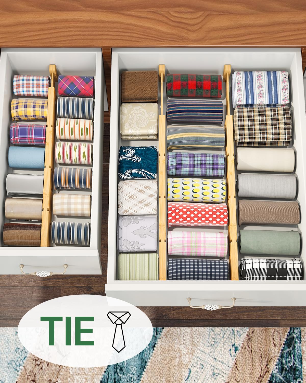 Kiplant Bamboo Drawer Dividers - Adjustable Organizers for Clothes & Kitchen | 8 Pack, 18-22.6 Inches, Non-Slip Ends