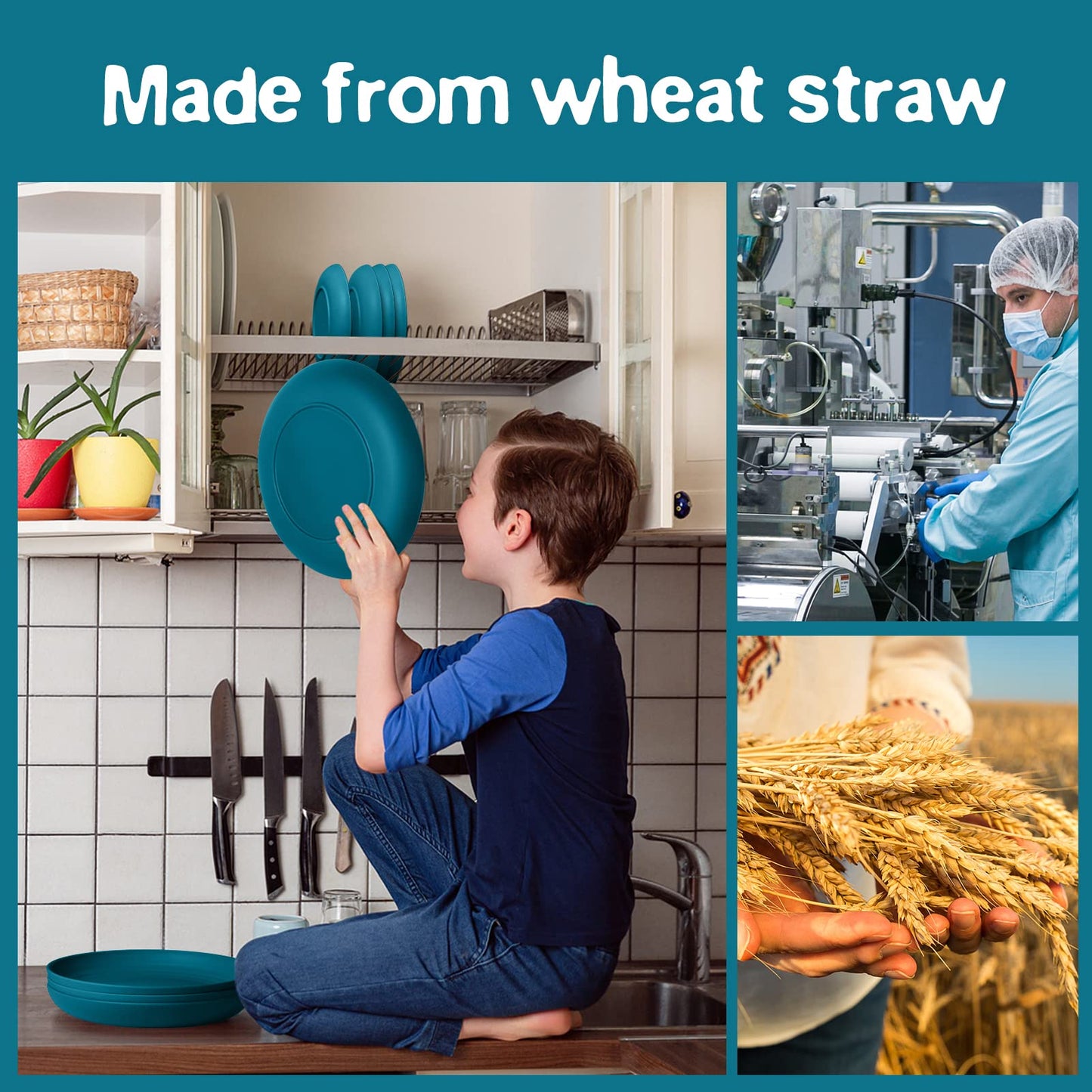 Teivio 32-Piece Kitchen Plastic Wheat Straw Dinnerware Set, Service for 8, Dinner Plates, Dessert Plate, Cereal Bowls, Cups, Unbreakable Colorful Plastic Outdoor Camping Dishes, Dark Blue