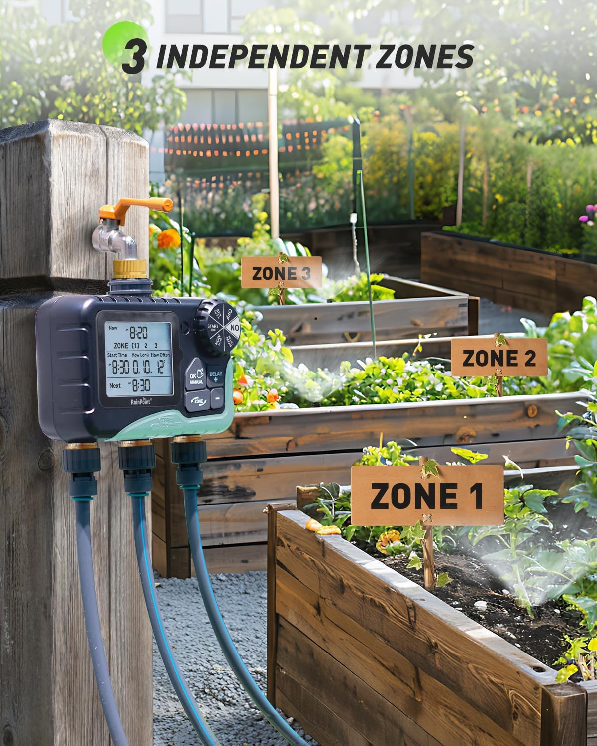 RAINPOINT 3-Zone Water Timer - IP65 Waterproof, Customizable Sprinkler Plans, Large LCD Display