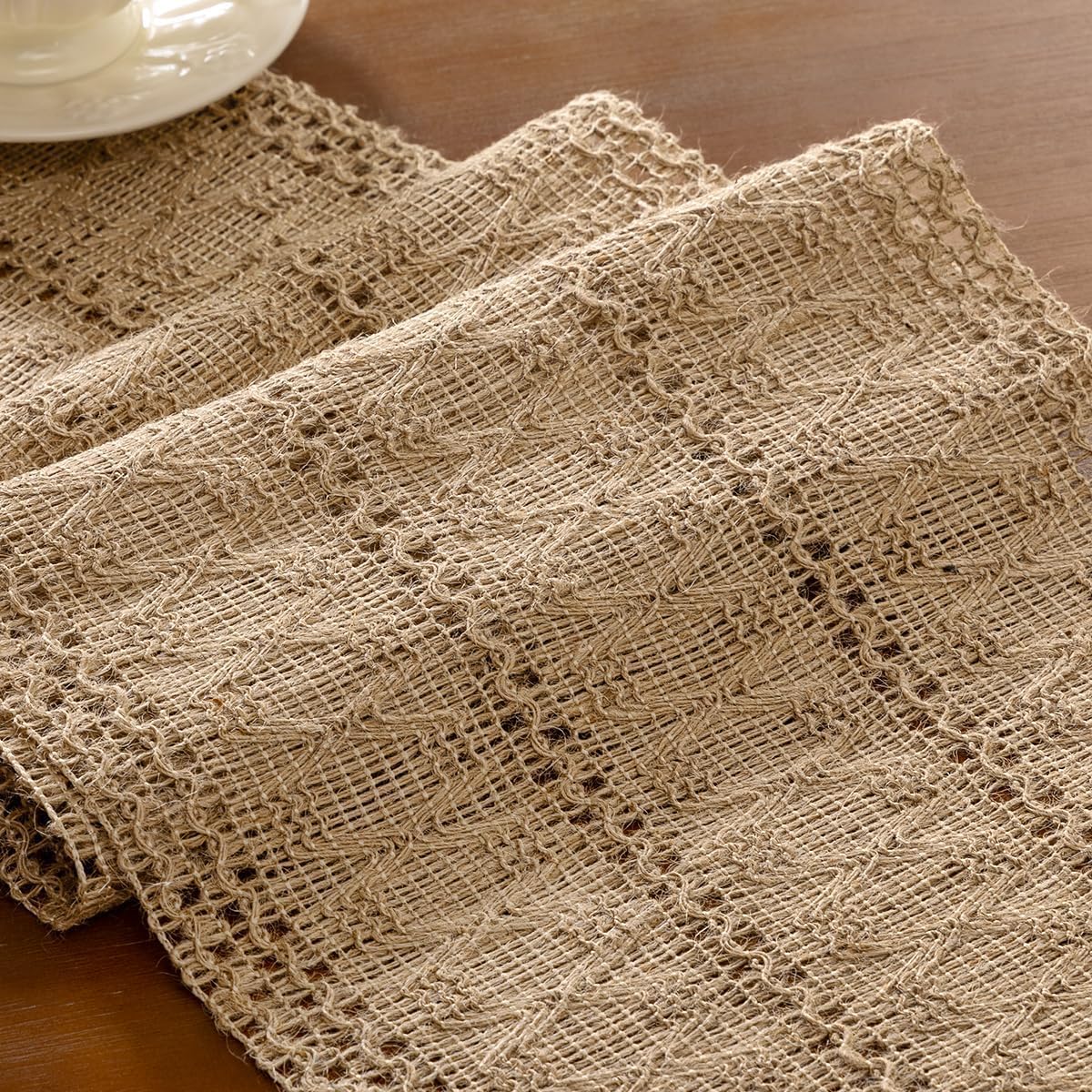 Santaben Burlap Brown Spring Boho Macrame Table Runner Rustic Farmhouse Woven Cotton Linen Burlap Table Runners for Dining & Bedroom Home Decor 11x58 Inches