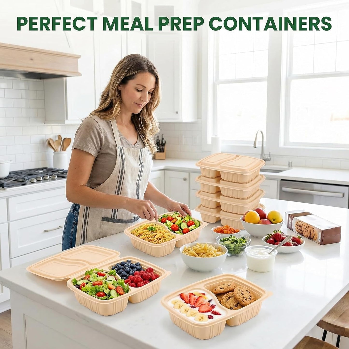 Meal Prep Containers - 100 Piece Reusable 2 Compartment 32 oz Cornstarch Snack Containers with Lids | Microwave & Freezer Safe