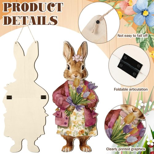 Anglechic Large Easter Bunny Door Sign - 12.1 x 29.3 Inch Wooden Porch Decor with Floral Carrot