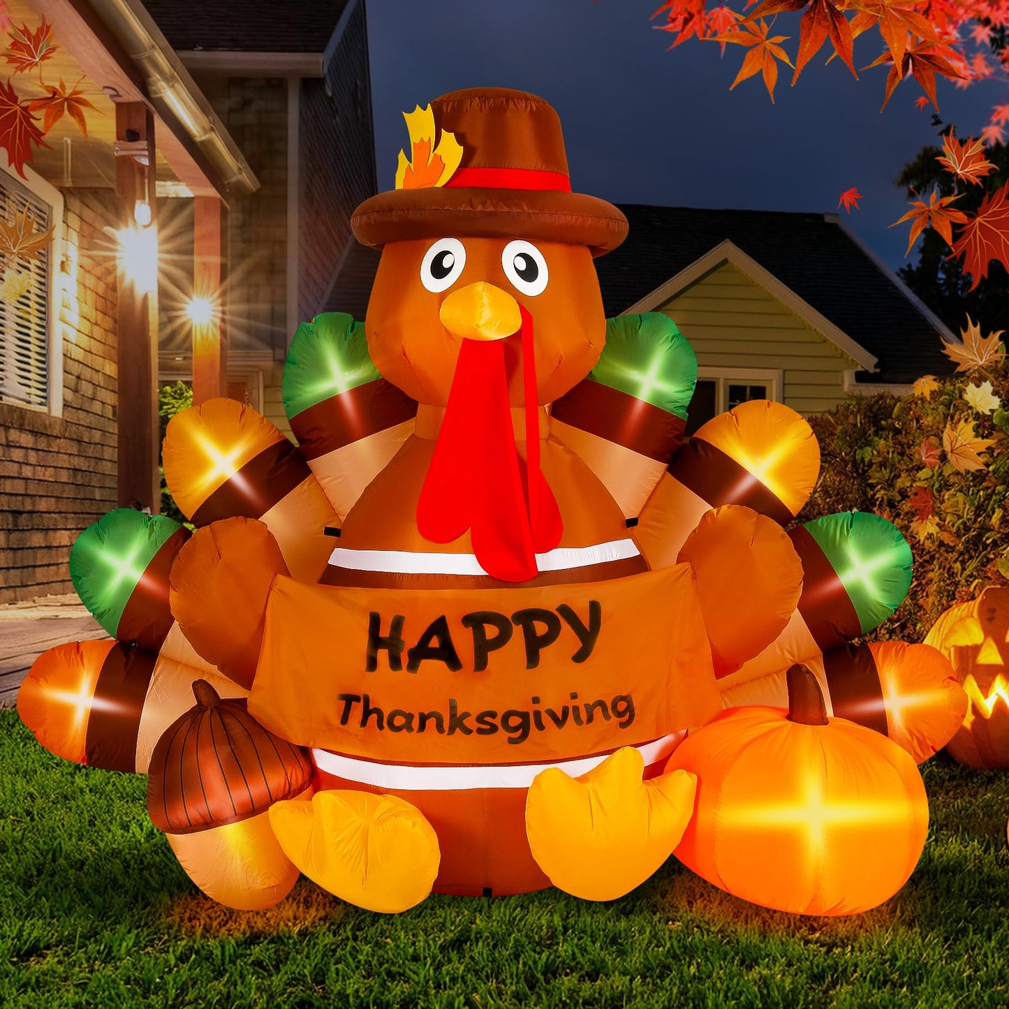 Loninak 6 Ft Thanksgiving Inflatable Decoration, Happy Thanksgiving Turkey Built-in LED Lights, Outdoor Blow Up Yard Fun Decor, for 2025 Halloween Lawn Decor