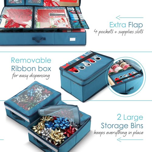 Hearth & Harbor Holiday Storage | Fade Resistant Wrapping Paper Containers with Wheels - Fits 30 Rolls (Pack of 2)