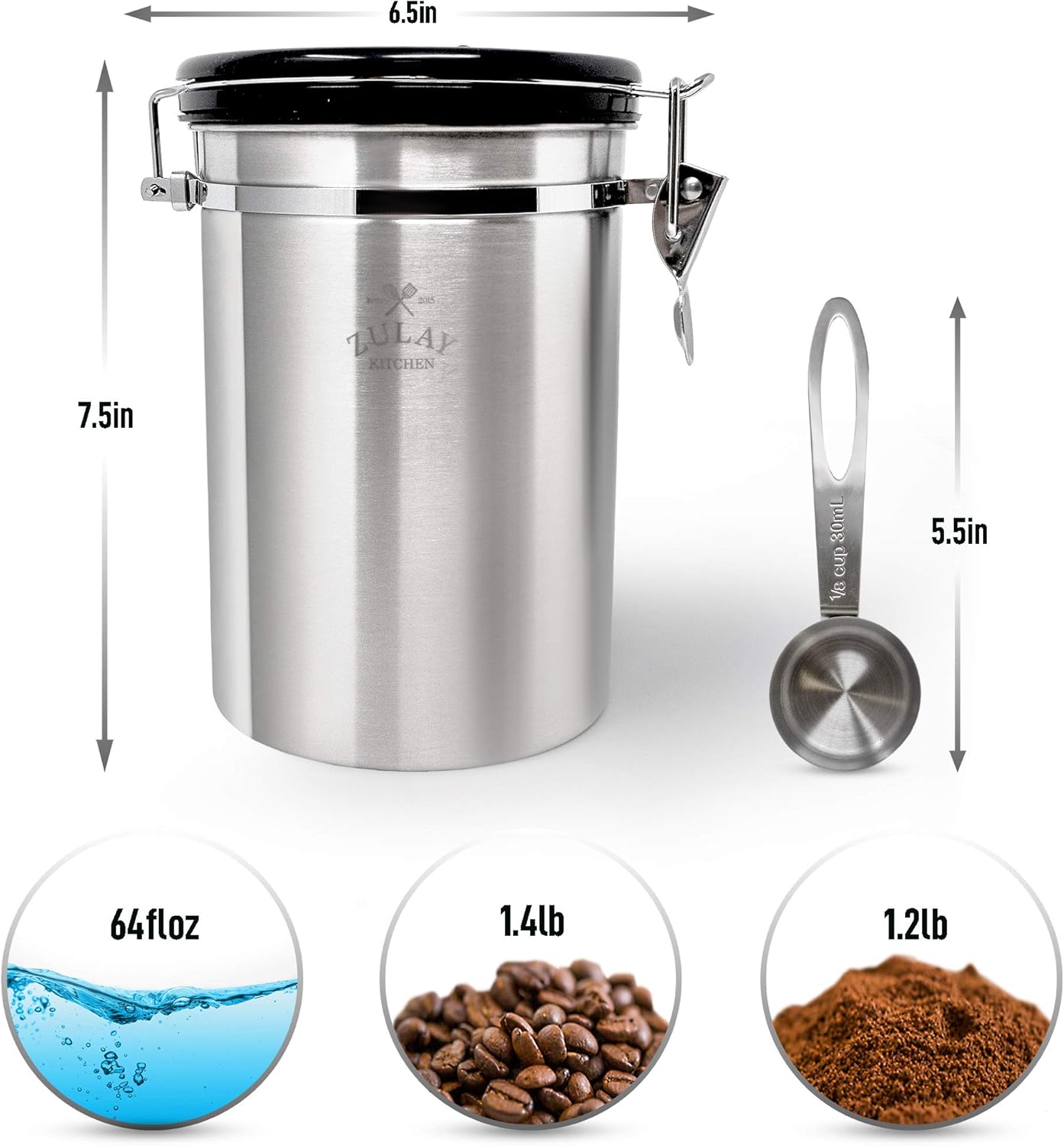 Zulay Airtight Coffee Canister - Stainless Steel Storage with Scoop, Date Tracker & CO2 Valve | Large Size