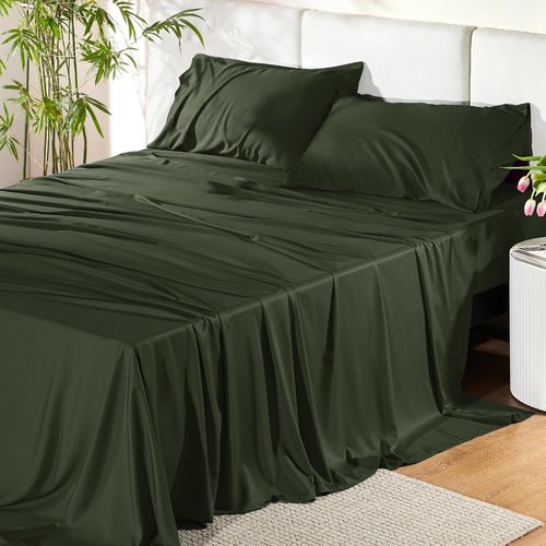 Bedsure Queen Sheet Set - Cooling Bamboo Rayon Sheets | Breathable, Soft & Luxurious Olive Green