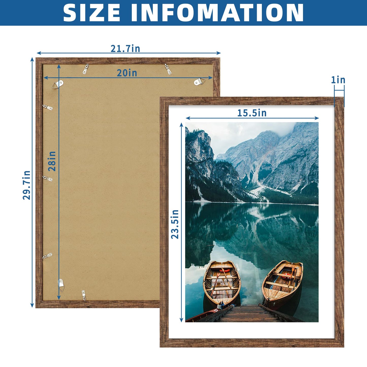 Hongkee 20x28 Picture Frame Set of 2, Rustic Black Wood Style - Display 16x24 Picture with Mat or 20 x 28 Poster without Mat, Wall Mounting Horizontal and Vertical