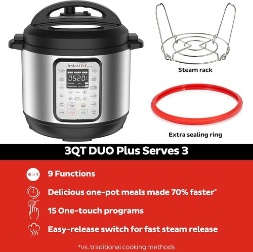 Instant Pot Duo Plus 9-in-1 Electric Pressure Cooker - Versatile Cooking with 800+ Recipes | Stainless Steel, 3 Quart