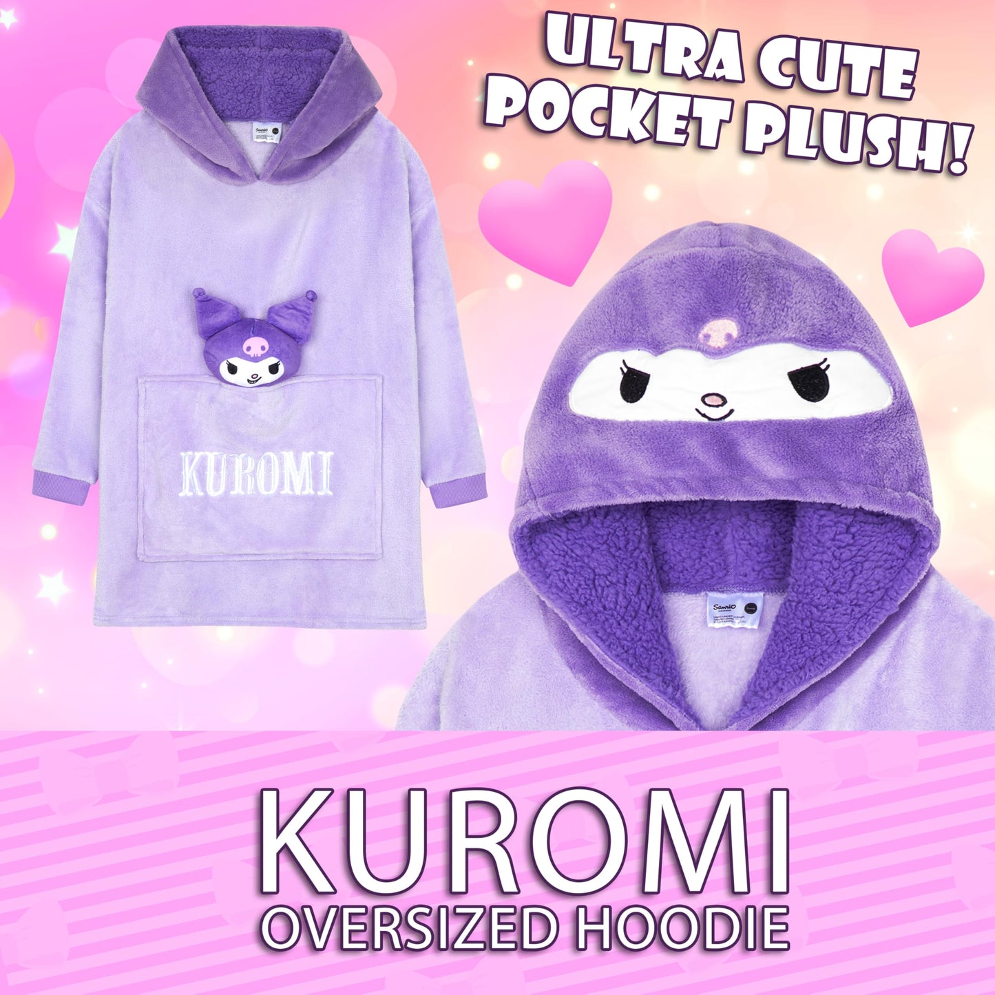 Hello Kitty Sanrio Kuromi Blanket Hoodie Girls, Teens, Kawaii Fleece Wearable Blanket with Plush, Loungewear Gifts for Girls (Purple Kuromi)