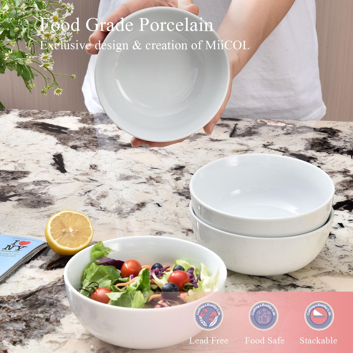 Miicol White Cereal Bowls 20 oz, Ceramic Soup Bowls Set of 4, Breakfast Bowl 6 inch, Kitchen Bowl for Pasta, Salad, Ramen, Oatmeal, Microwave and Dishwasher Safe