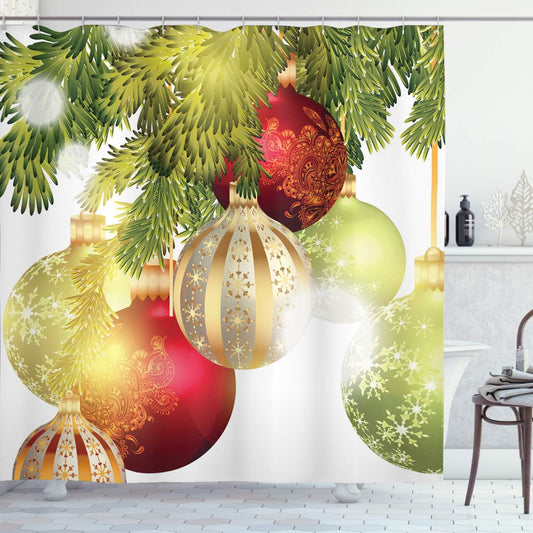 Christmas Shower Curtain with Baubles Motif - Festive Winter Bathroom Decor, 69" x 70" with Hooks