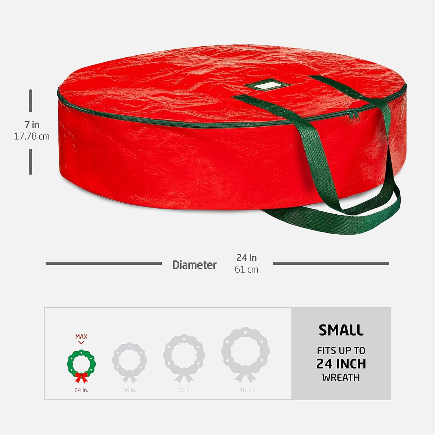 ZOBER Christmas Wreath Storage Container - 24 Inch Dual Zippered Bag with Durable Handles - Red
