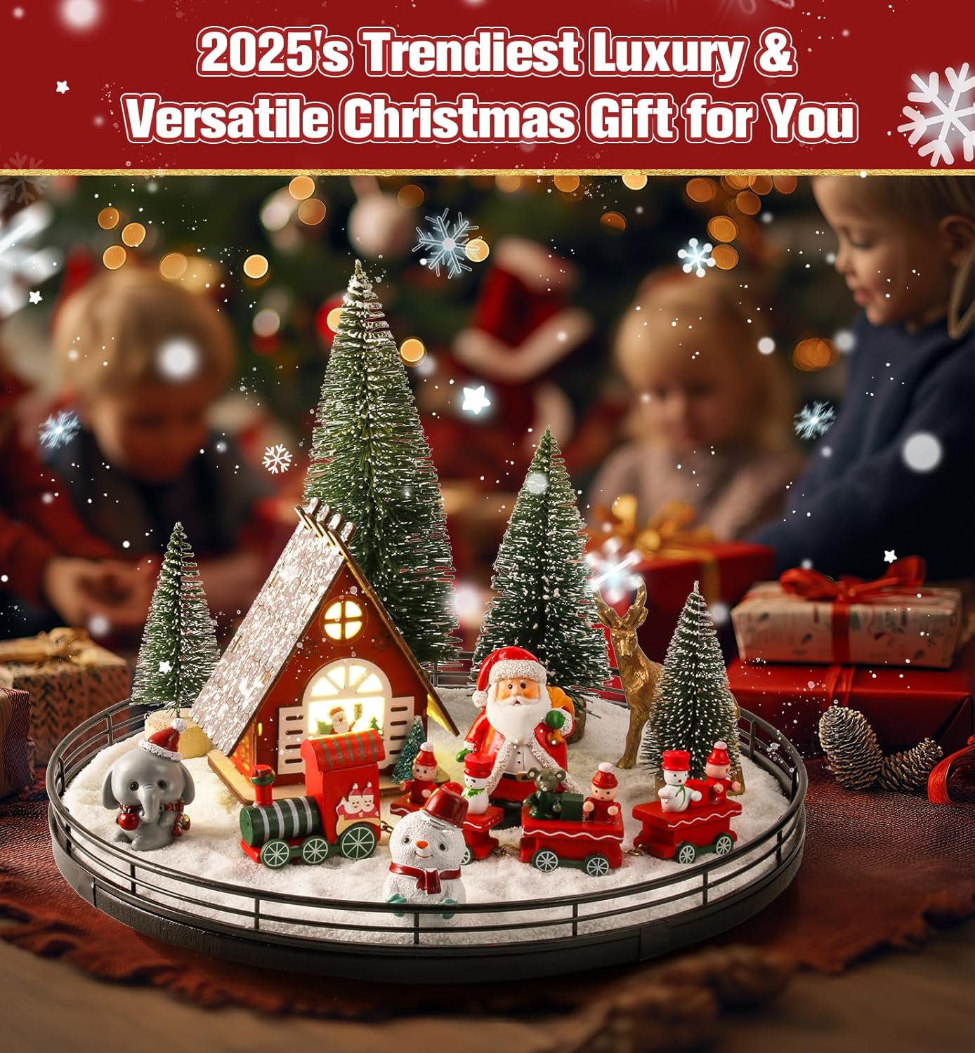 Oroyutor Christmas Village Set - 12 Pcs 13" Oak Wooden Lazy Susan with Santa Train & Trees | Holiday Decor