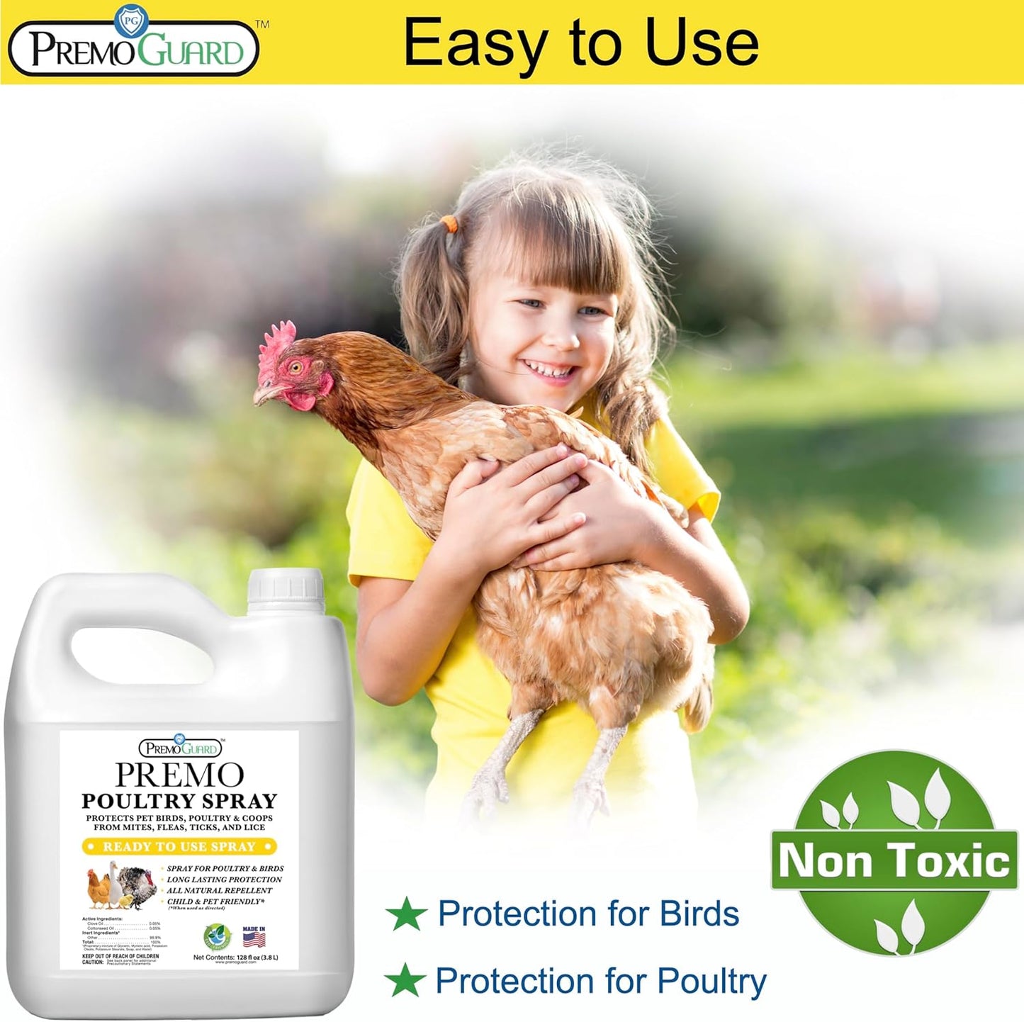 Premo Guard Poultry Spray - Natural Pest Control for Chickens - 128 oz | Kills Mites, Fleas, & Lice Safely