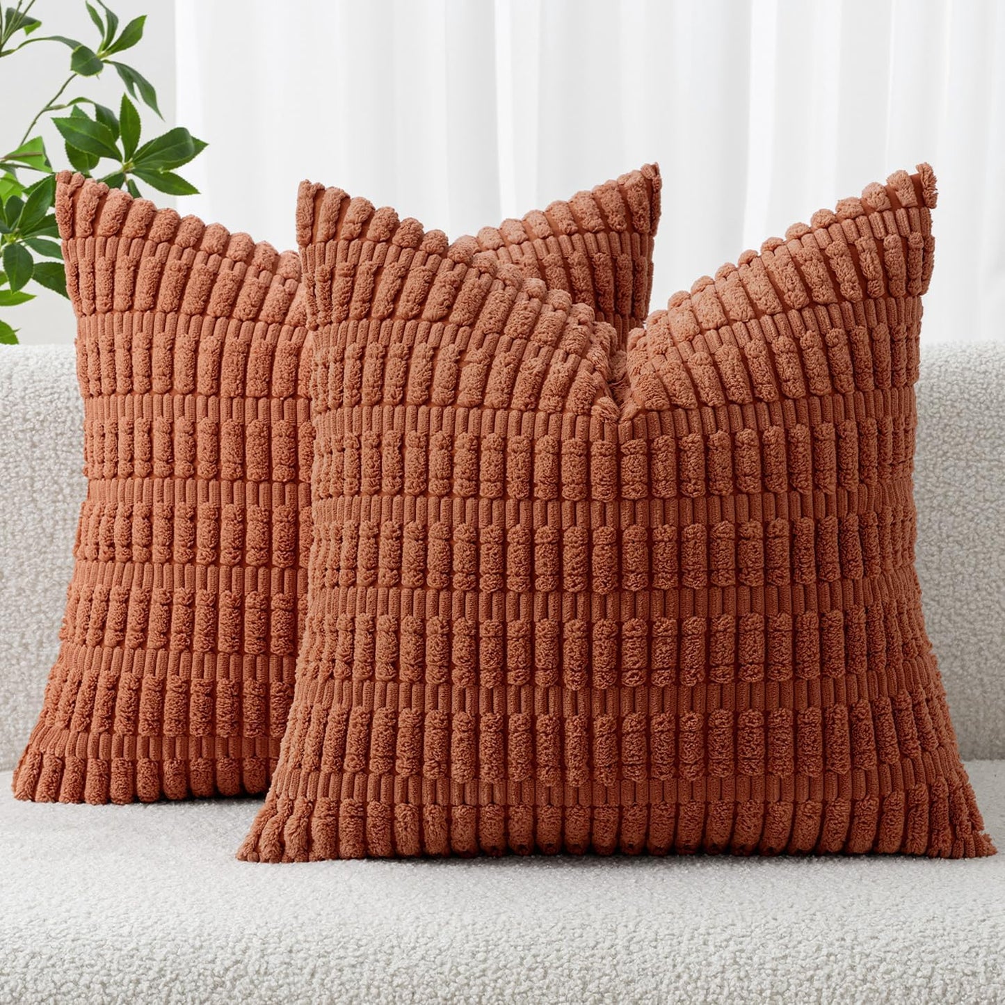 MIULEE Decorative Pillow Covers - Soft Dark Rust Corduroy | Set of 2, 16x16 Inch Boho Striped Design for Modern Farmhouse Decor