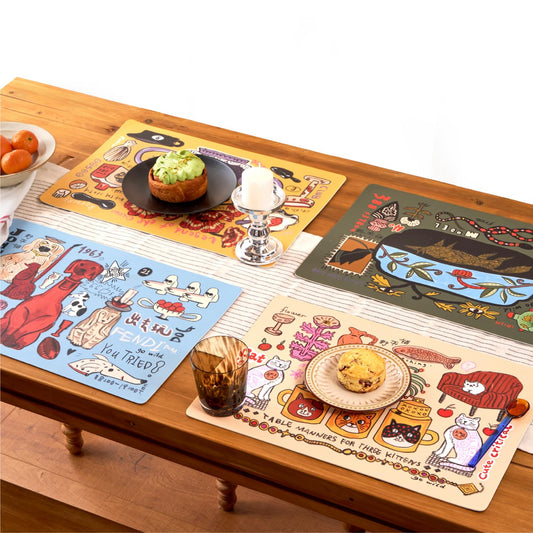 SAMCAM Placemats Set of 4 with Hand-Drawn Illustrations, 17.7" x 11.8", Faux Leather Place Mats, Waterproof, Heat Resistant, Anti-Slip, Easy to Clean, Table Mats for Dining, Kitchen, Coffee Table