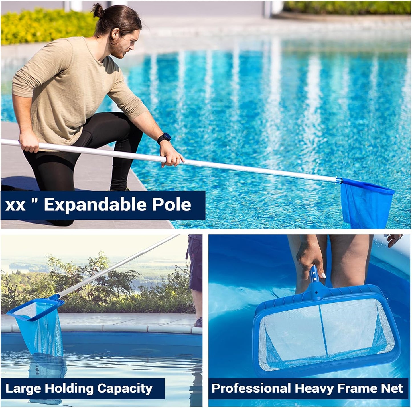 Pool Skimmer | Adjustable Telescopic Pole 26.4"-66.5" & Fine Mesh Net for Efficient Cleaning