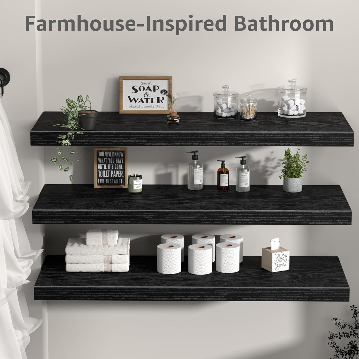 QEEIG 12" Deep Floating Shelves - Set of 3 Black Bookshelves for Bathroom, Bedroom, Kitchen & Living Room