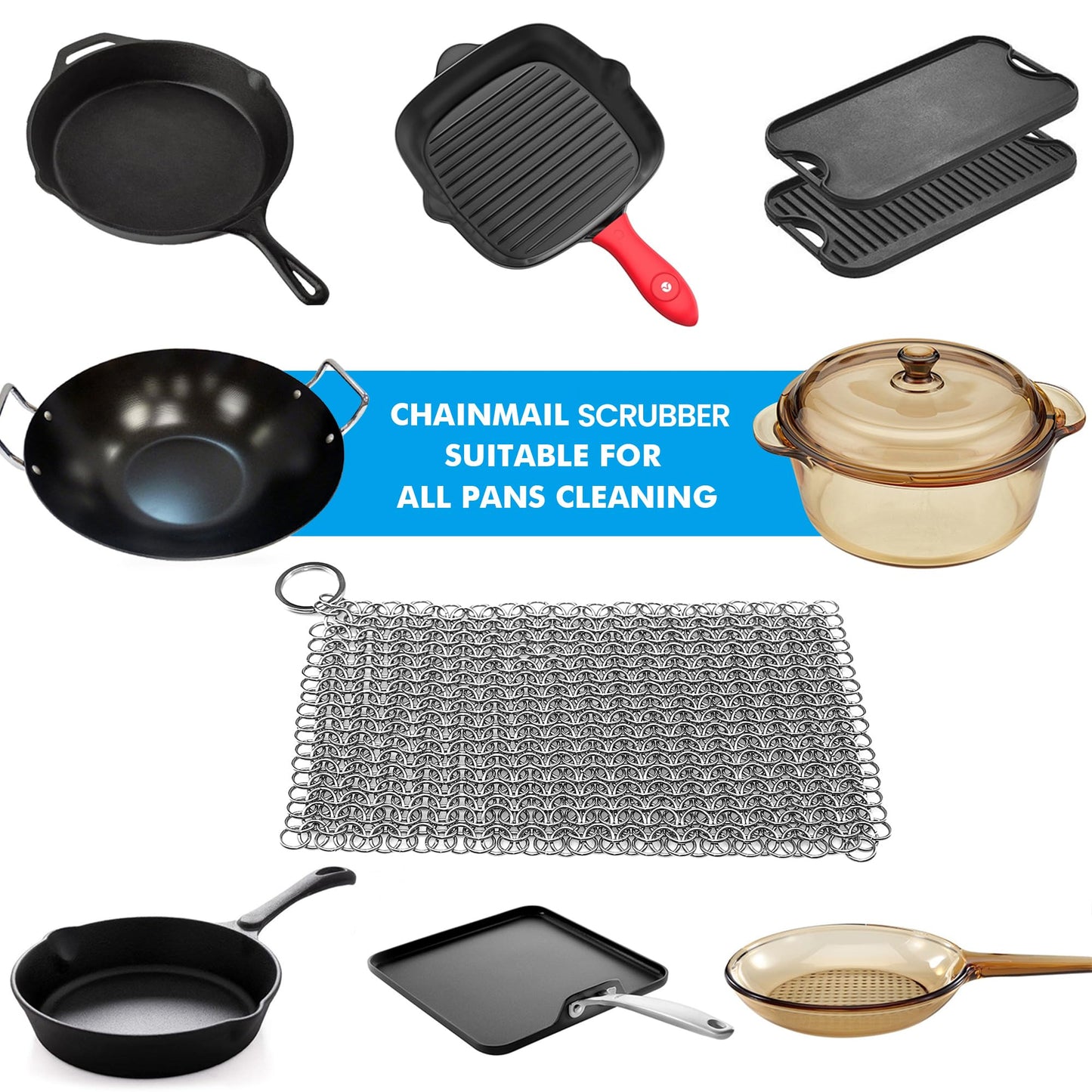 TOPULORS Cast Iron Scrubber 316 Stainless Steel Skillet Cleaner 8"x6" Chainmail Scrubber Scraper Chain Mail Link Scrub for Cast Iron Pre-Seasoned Pans, Griddles, BBQ Grills, and Pot Cookware Cleaning