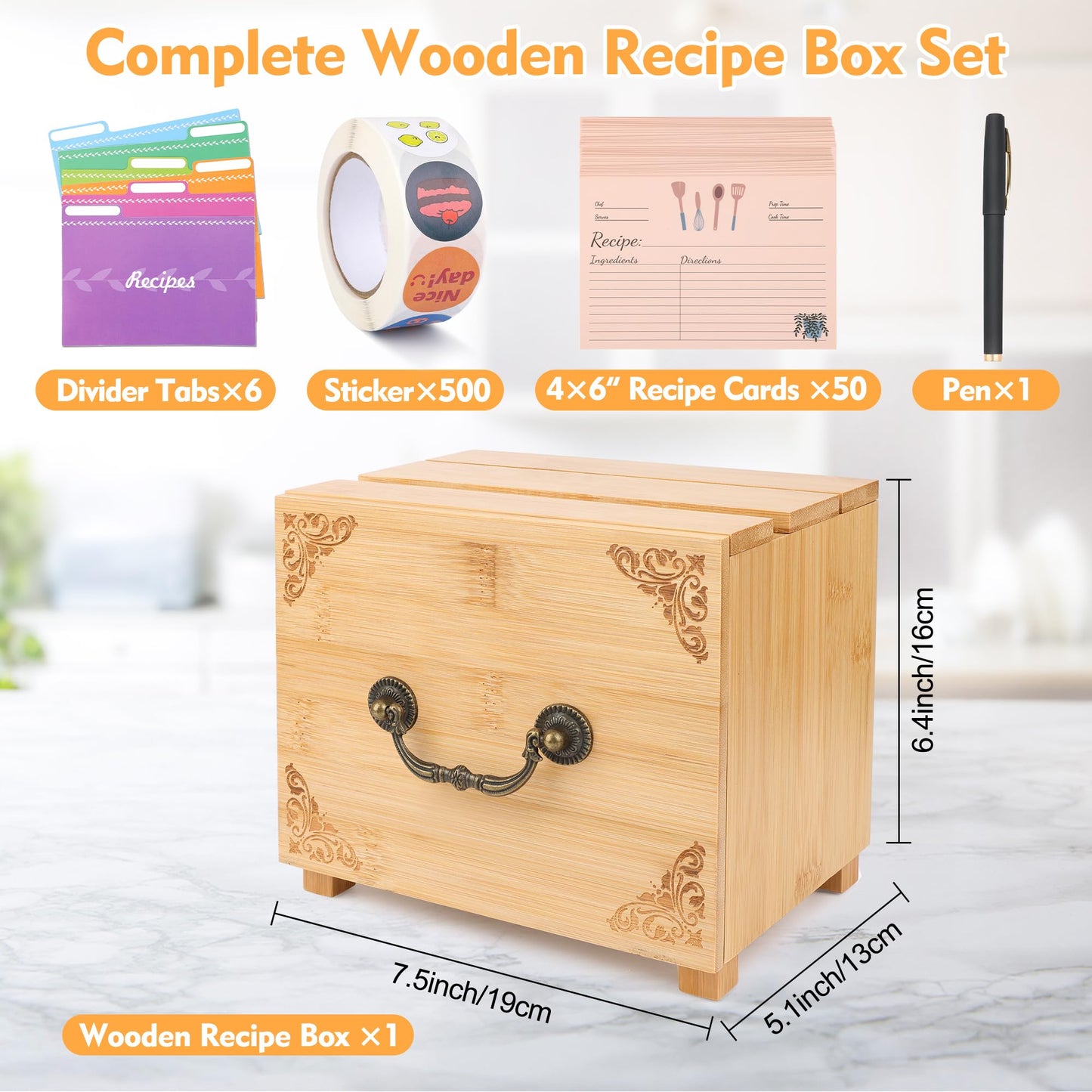 Coitak Wooden Recipe Box With 50 Double Sided 4x6 Recipe Cards, 6 Dividers, 1 Roll Stickers, 1 Pen Removable Recipe Card Holder Organizer