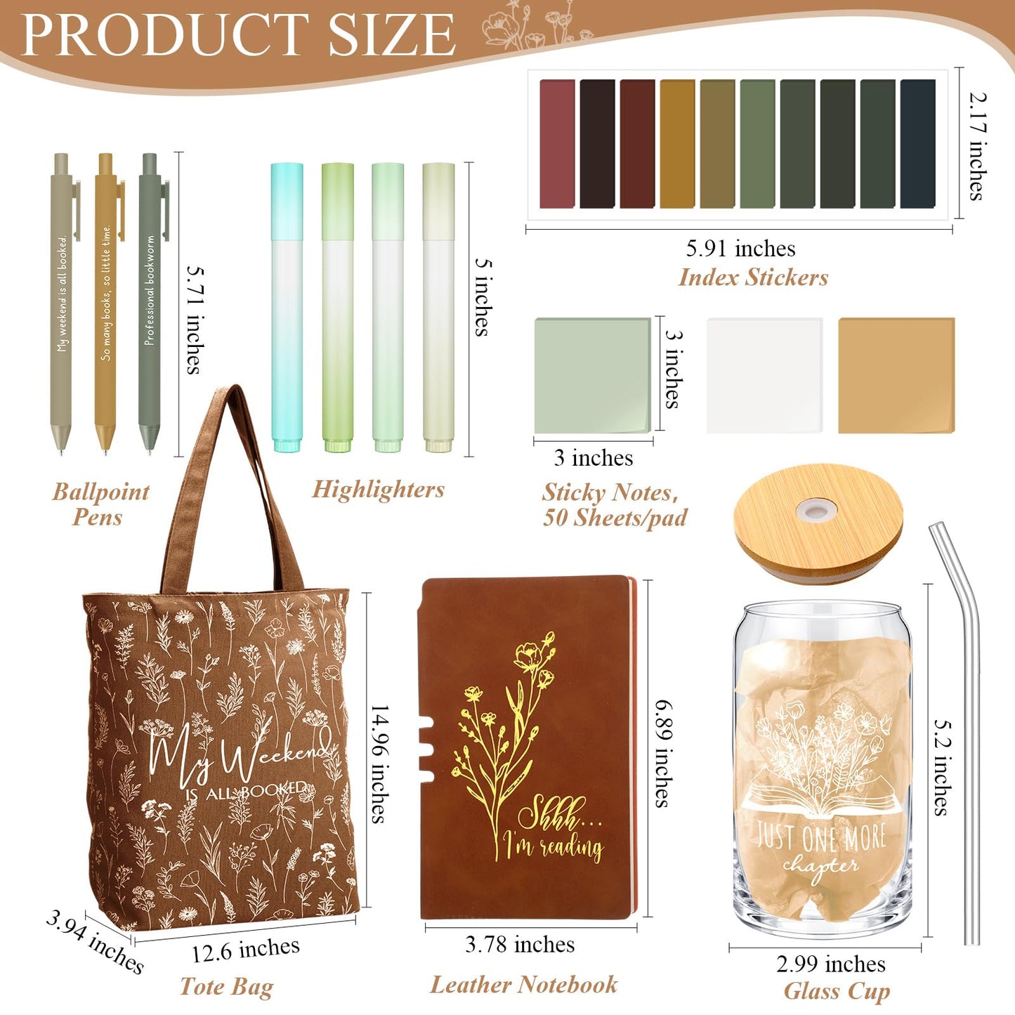 Havawish 14 Pcs Book Lovers Gifts for Women 16 oz Glass Cup Tote Bag A6 Journal Notebook Ballpoint Pens Highlighters Sticky Notes for Library Reader Bookworm Book Club(Brown,Aesthetic)