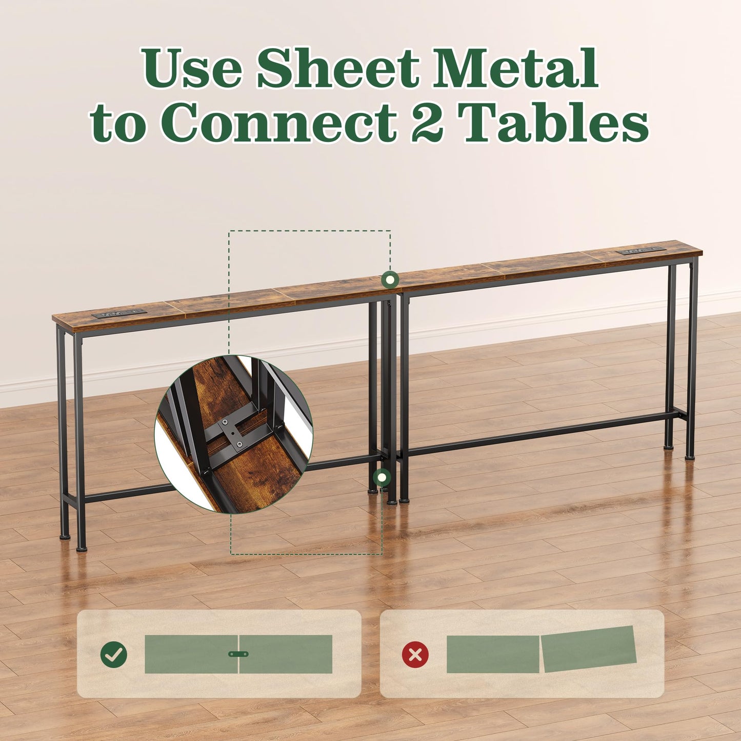 SUPERJARE 5.7 Inch Console Table with Outlet, Sofa Table, Behind Couch Table, 5.7 x 39.4 x 29.7 Inches, Metal Frame, for Living Room, Hallway, Rustic Brown