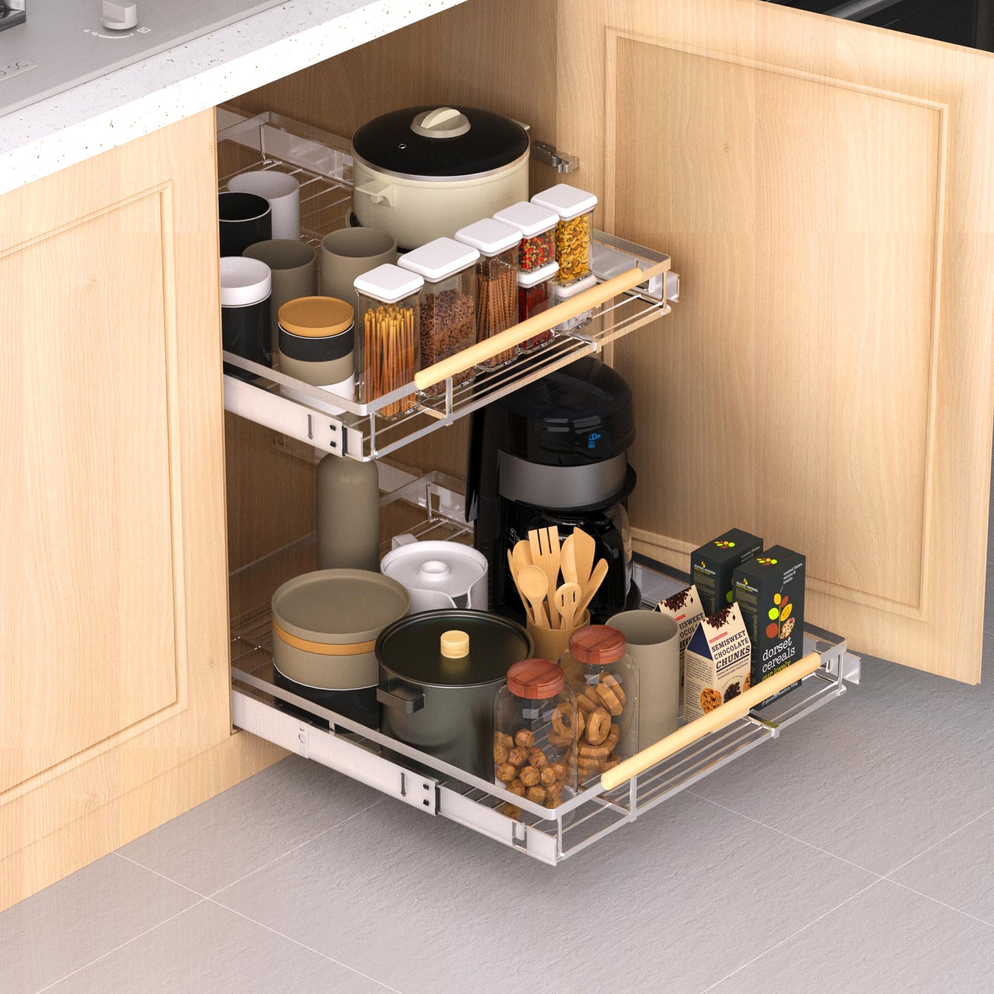 KIKIBRO Expandable Pull Out Drawer Cabinet Organizer, Adjustable Width Bottom-Mounted Slide Out Storage Shelves for Cabinets, Required Cabinet Size (W: 10.16"~16.36", D≥22.5"), 1 Pack