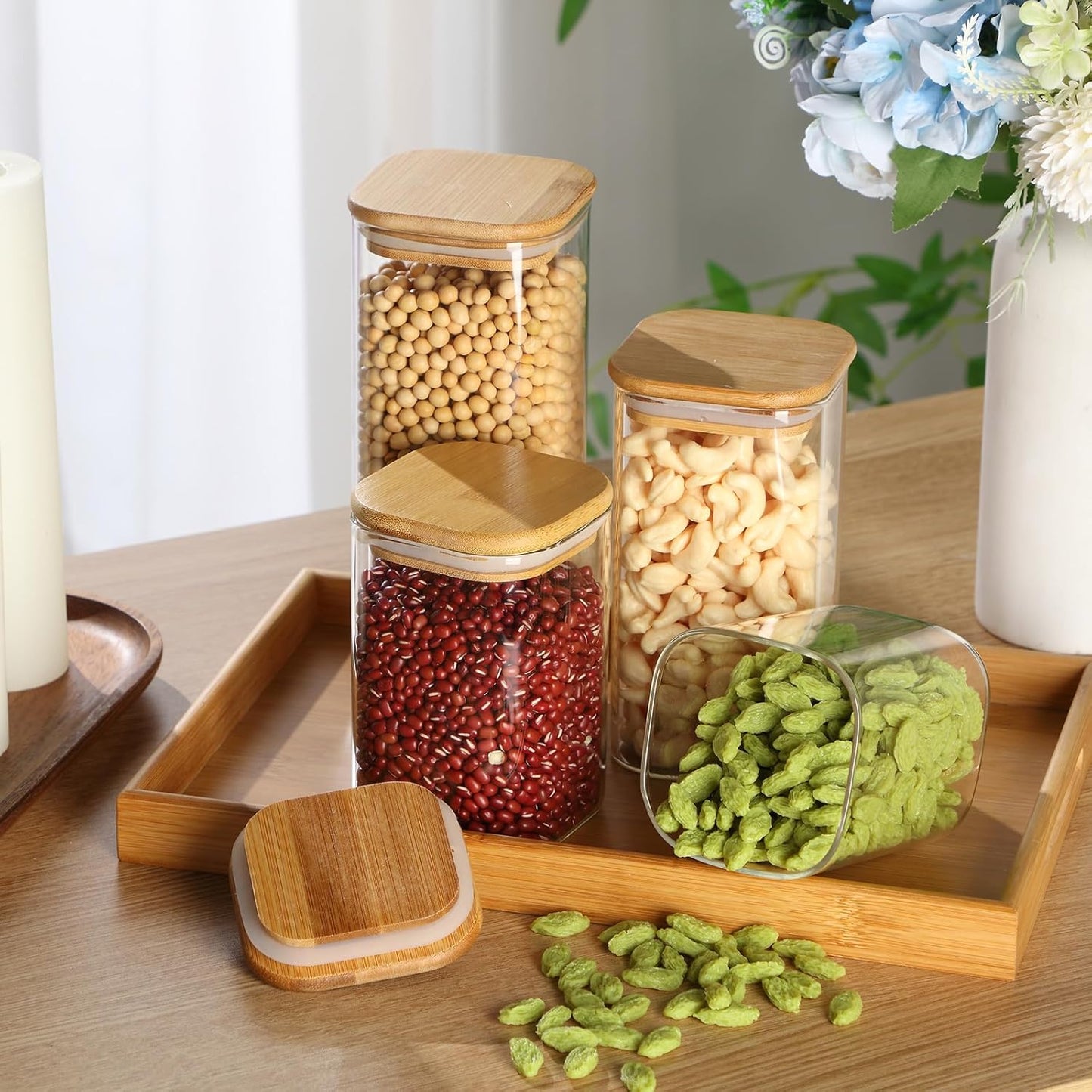 Qinyoung Glass Storage Jars - 24 Pcs Airtight Containers with Bamboo Lids | Clear Square, 4 Sizes (0.5-1 Qt) for Kitchen Organization