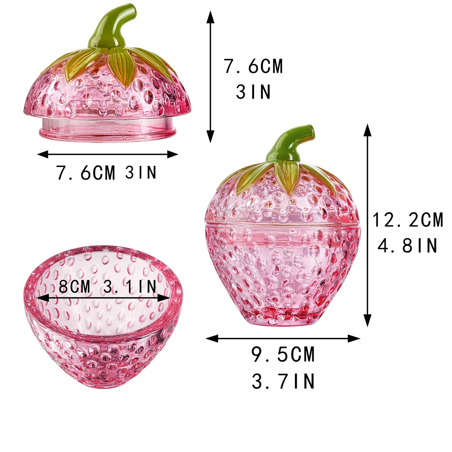 kanpura Pink Strawberry Candy Jar with Lid Small Cute Crystal Candy Dish Set of 2 Glass Decorative Container for Sugar, Cookie, Nuts Valentines Day Gift for Women (3.5 oz)