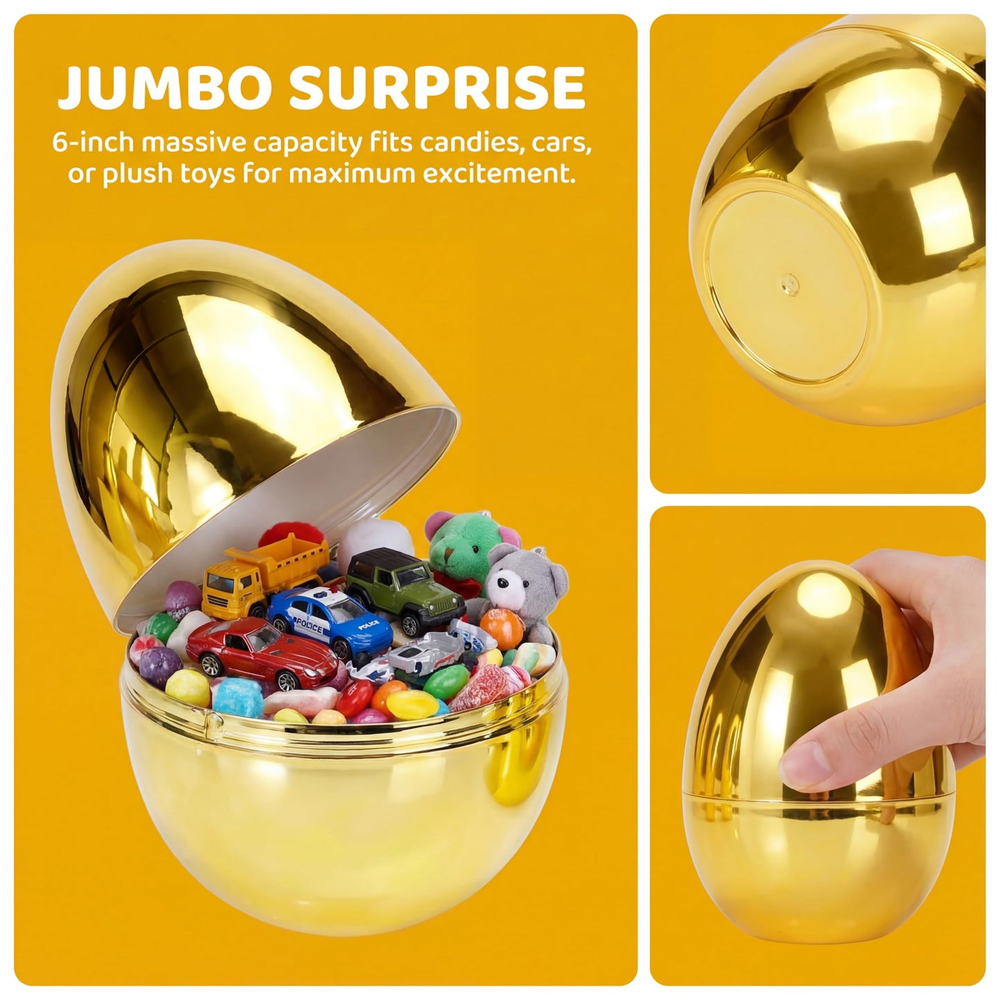 Qudoustar 6 Pack 6 Inch Jumbo Golden Easter Eggs, Metallic Giant Plastic Gold Fillable Eggs for Easter Hunt, Easter Basket Stuffers, Party Favors, Classroom Prize Supplies for Kids