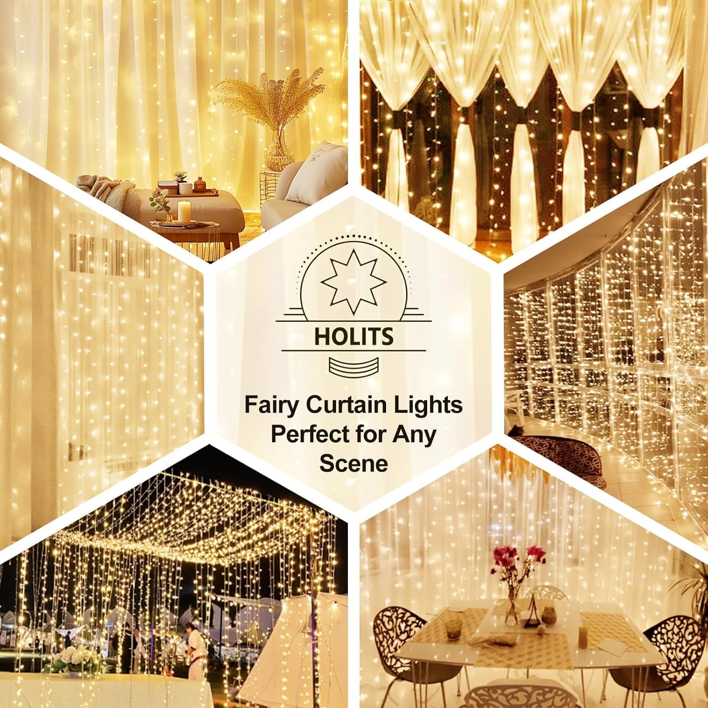 Skiennix 200 LED Fairy Curtain Lights - 6.6 x 6.6 FT Warm White with Remote & 8 Modes for Indoor/Outdoor Decor
