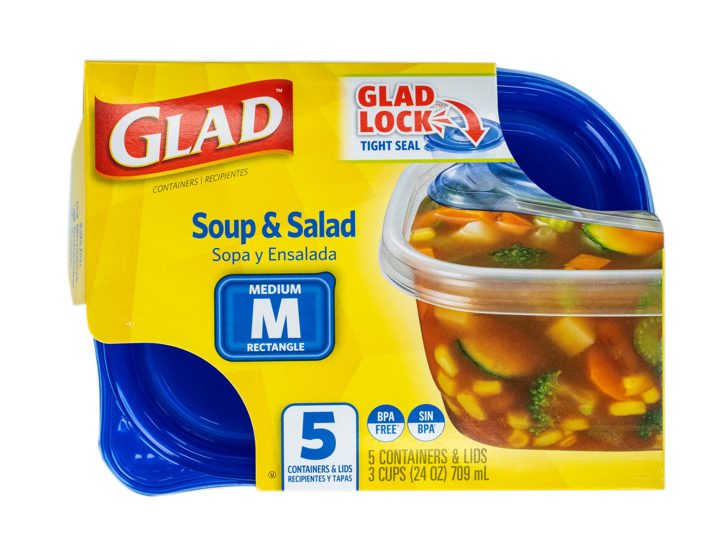 Glad GladWare Medium Rectangle Food Storage Containers with Lids, BPA Free Plastic for Soups Salads and Meal Prep, Airtight Leak Resistant, Microwave Dishwasher Freezer Safe, 24 Oz, 5 Count