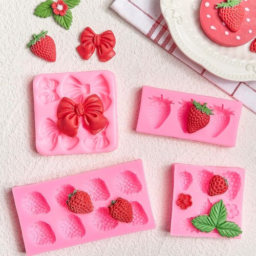 JOERSH Strawberry Fondant Molds - 4PCS Silicone Baking Molds for Cake Decorating & Cupcake Toppers