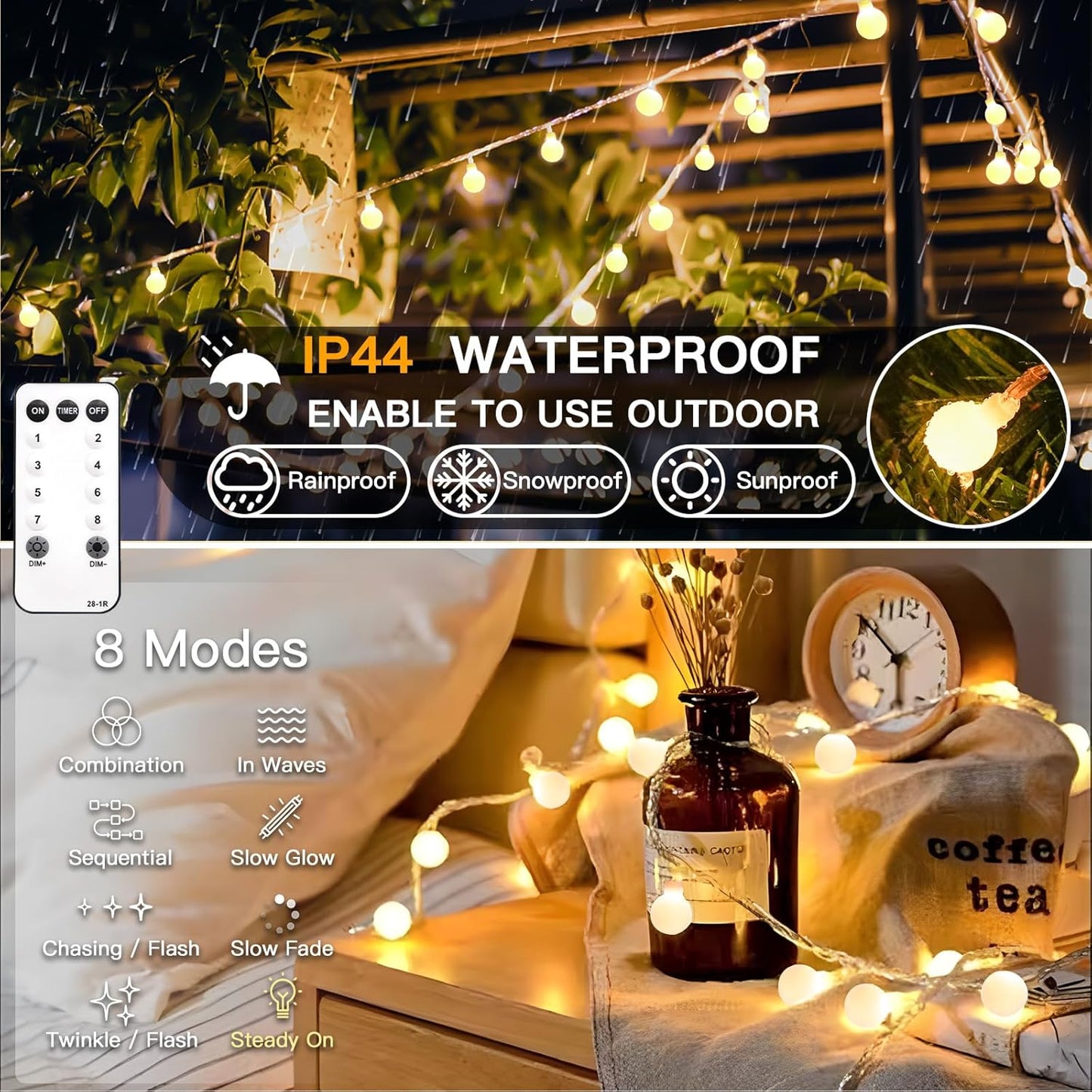 Suddus Globe String Lights - 99ft 300 LED Indoor/Outdoor Fairy Lights with Remote | Warm White Decor