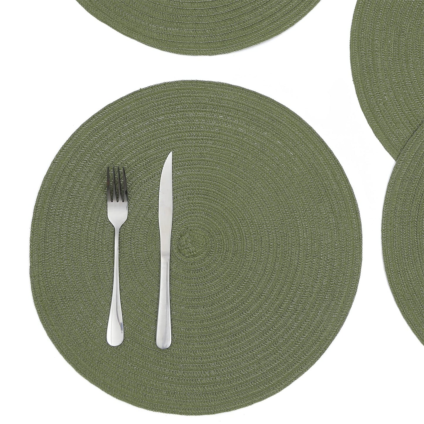 SHACOS Round Placemats Set of 8 Washable 15 inch Round Table Mats Cotton Polyester Woven Braided Place Mats for Dining Table Wedding Party Decor (Olive Green, 8)