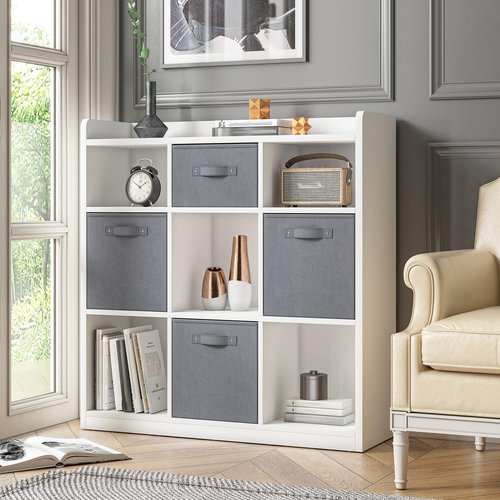 EnHomee 9 Cube Storage Organizer with Storage Bins, Sturdy and Durable Wooden Bookcase with Fabric Drawers, 9 Cube Shelf for Bedroom, Living Room,White Grey, 11.8" D x 29.5" W x 35.4" H,