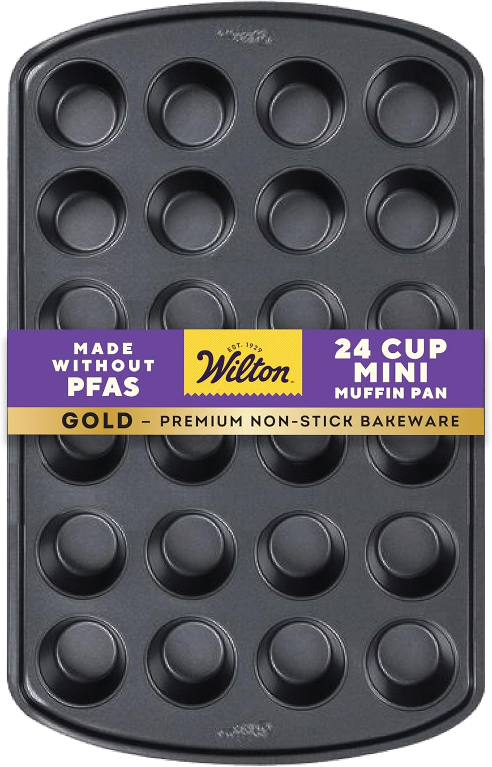 Wilton Gold Non-Stick Mini Muffin Pan - Perfect for Cupcakes & Muffins - PFAS-Free, Scratch Resistant - 16 x 10 Inch, 24 Cups