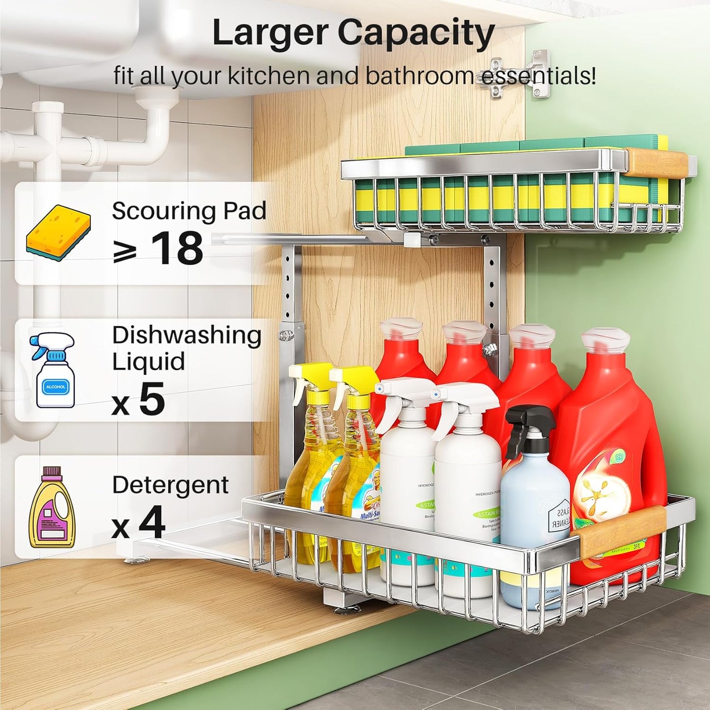 Under Sink Organizer by [Brand Name] - Stainless Steel 2-Tier Storage Solution for Kitchen & Bathroom