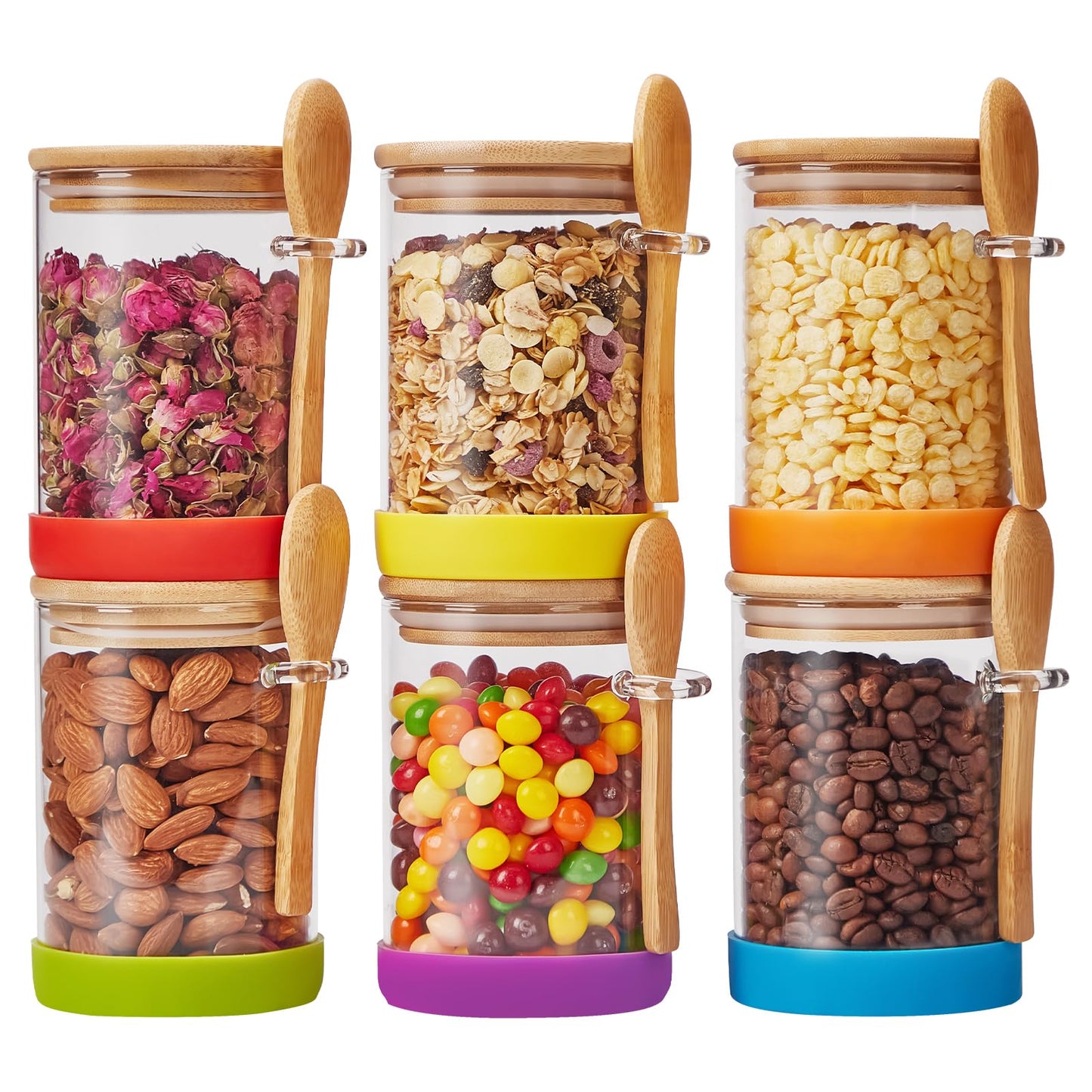 Spreccio Set of 6 Airtight Overnight Oats Jars with Bamboo Lids and Spoons, 22 OZ Overnight Oats Containers with Lids,Glass Food Storage Jar Perfect for Coffee, Tea, Sugar, Beans, and More