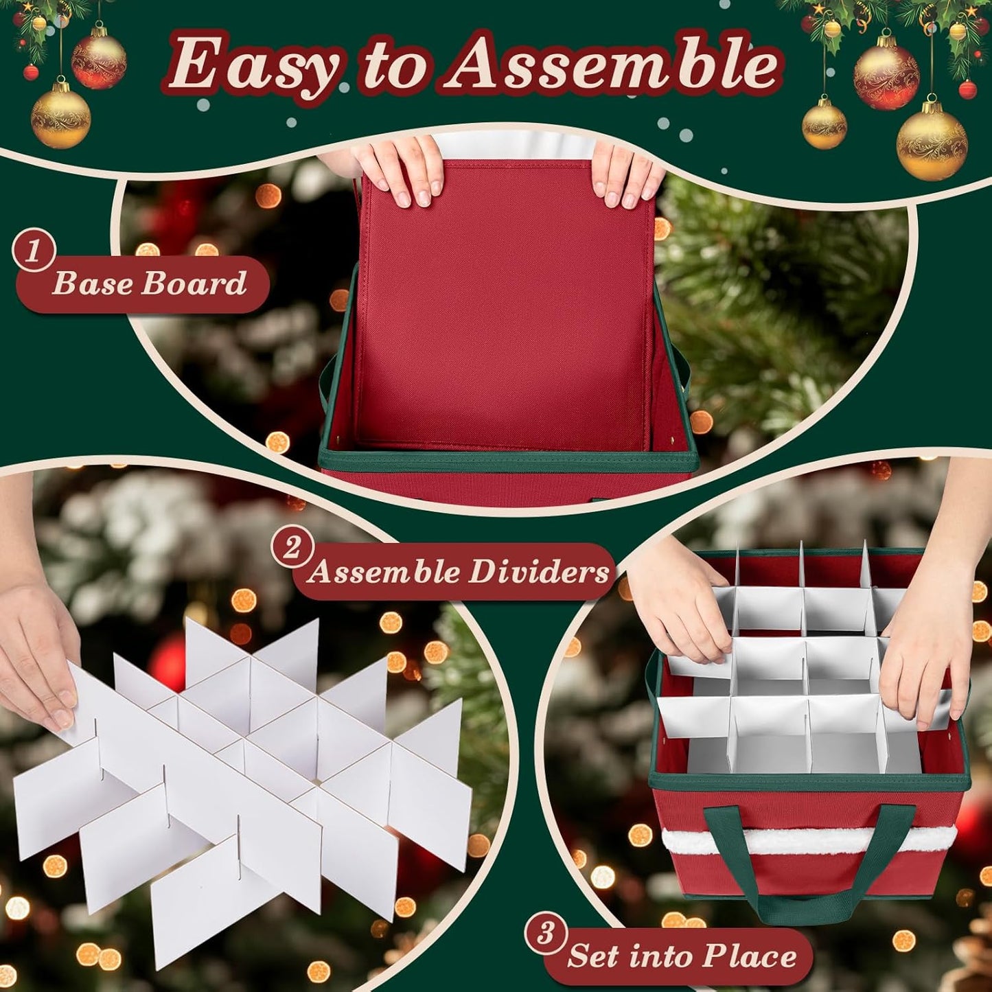 Regine Switzerland Christmas Ornament Storage Box - Adjustable Dividers for 64 Ornaments | Zippered Top, 3 Inch
